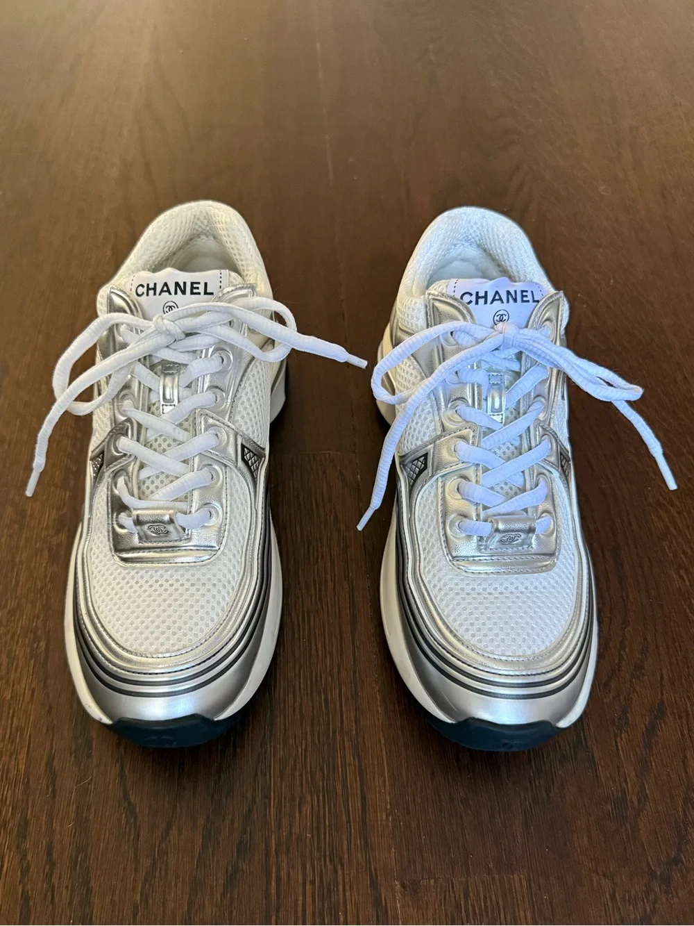 CHANEL White and Silver Metallic Leather Mesh Sneakers - Trainers - 37